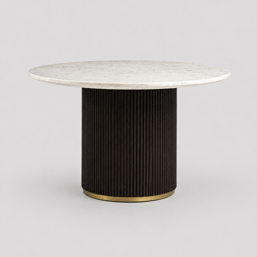 Avendor Round Dining Table – Marble Top with Fluted Solid Mango Wood Pedestal