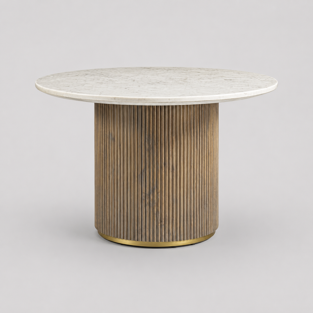 Avendor Round Dining Table – Marble Top with Fluted Solid Mango Wood Pedestal