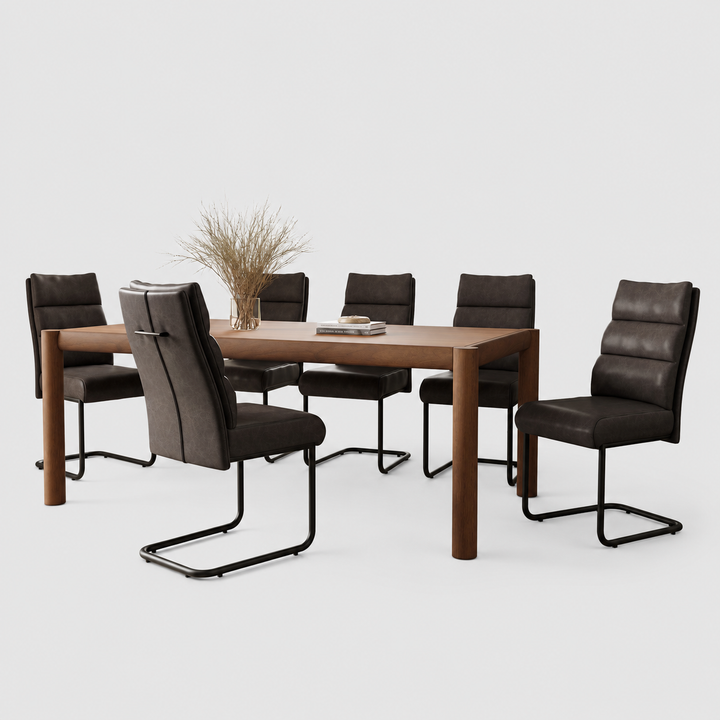 Granver Mid-Century Modern 7-Piece Dining Set – Walnut Table & Black Faux Leather Chairs
