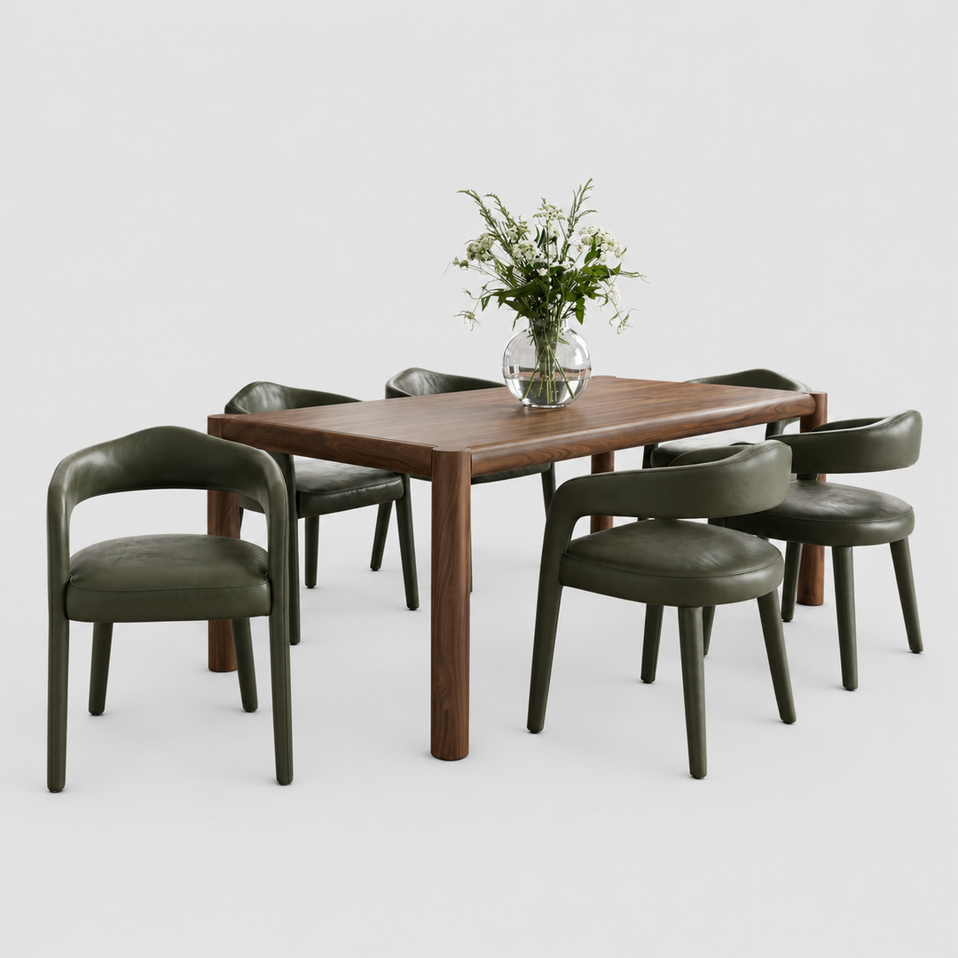 Falvion 7-Piece Mid-Century Modern Walnut Dining Set with Upholstered Chairs