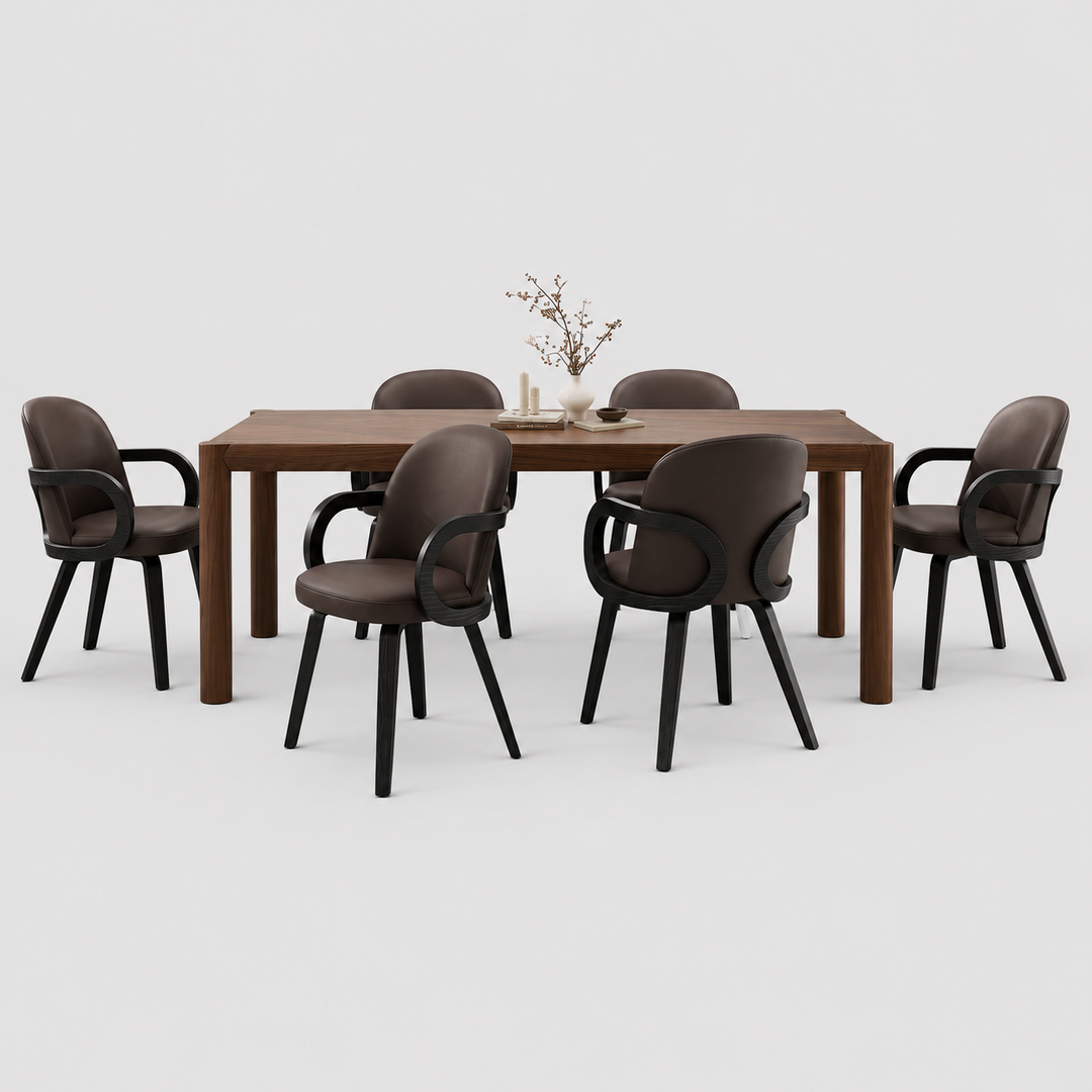 Falvion 7-Piece Mid-Century Modern Mocha Dining Set with Brown Upholstered Chairs