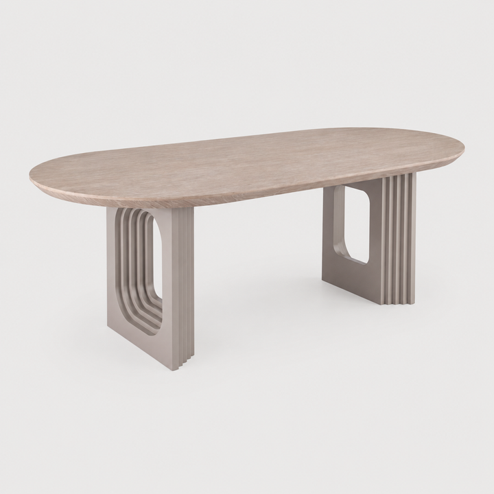 Aldrion Oval Dining Table – Travertine Finish with Dual Pedestal Base