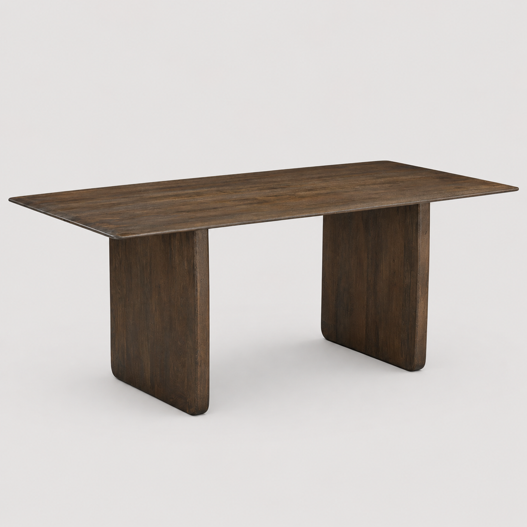 Delvico Mid-Century Modern Solid Mango Wood Dining Table – Mocha Finish with Sculptural Panel Leg Design