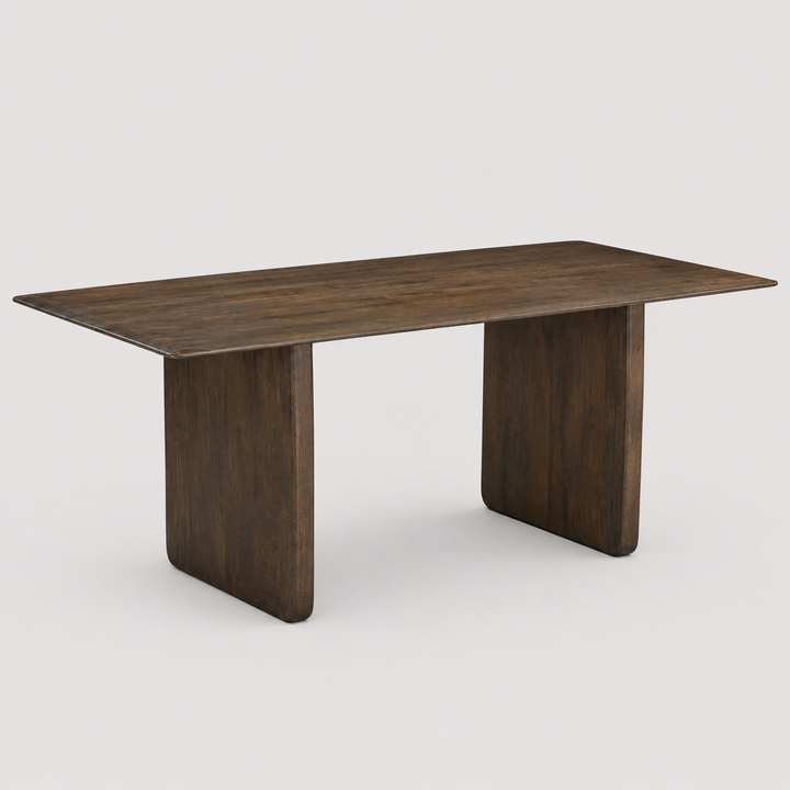 Delvico Mid-Century Modern Solid Mango Wood Dining Table – Mocha Finish with Sculptural Panel Leg Design