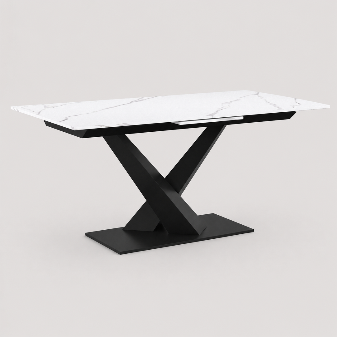 Eldoria Contemporary Extendable Dining Table – Sintered Stone Top with Geometric Black Metal Pedestal Base