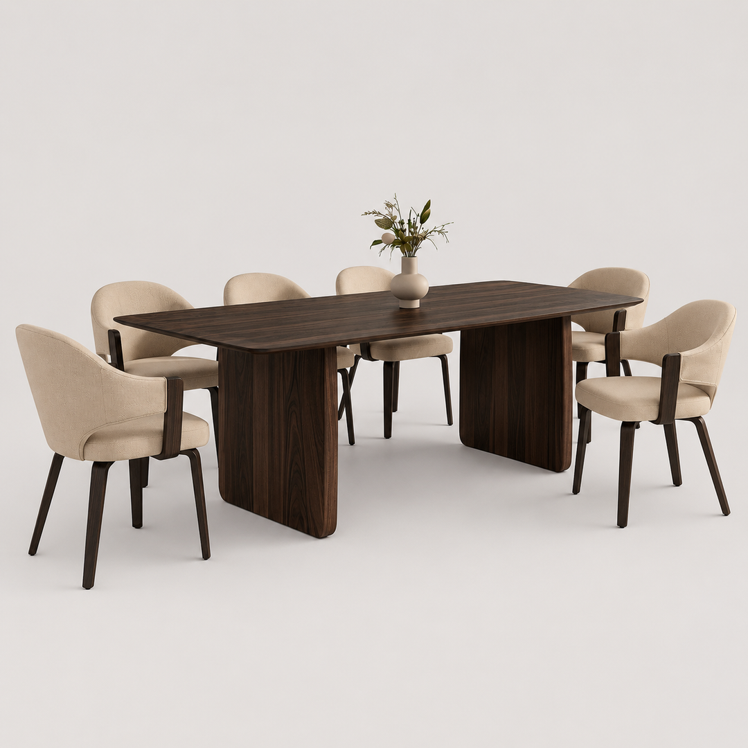 Hartello 7-Piece Mid-Century Modern Mocha Dining Set with Toffee Performance Fabric Chairs