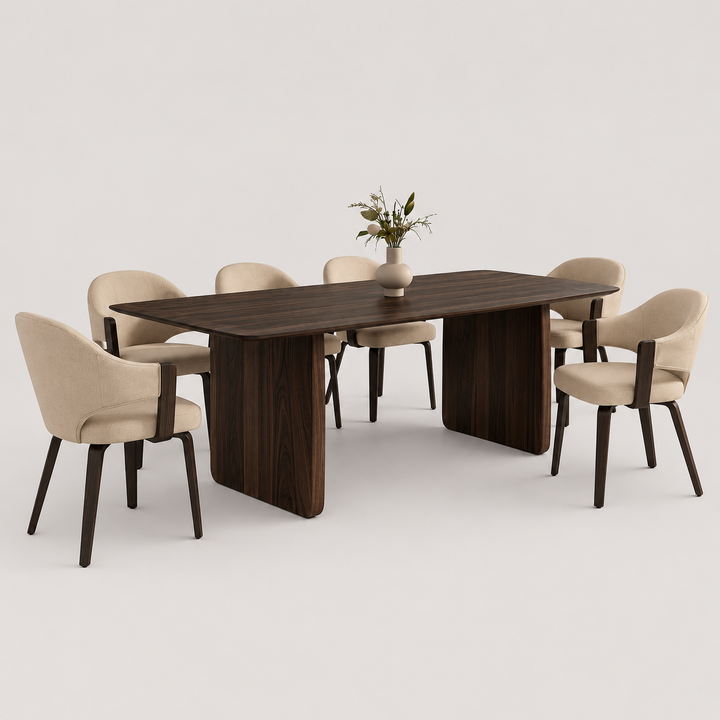 Hartello 7-Piece Mid-Century Modern Mocha Dining Set with Toffee Performance Fabric Chairs
