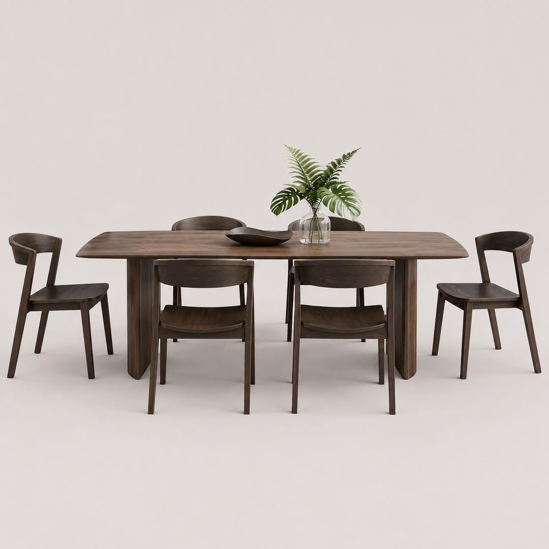 Iversona 7-Piece Mid-Century Modern Mocha Dining Set with Walnut Solid Wood Chairs
