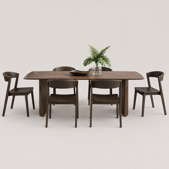 Iversona 7-Piece Mid-Century Modern Mocha Dining Set with Walnut Solid Wood Chairs