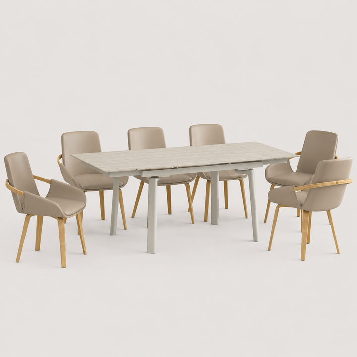 Jovrano 7-Piece Contemporary Extendable Dining Set with Travertine Sintered Stone Table And Sand Faux Leather Chairs