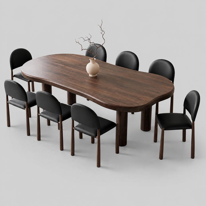 Ardenoak 9-Piece Freeform Mango Wood Dining Table Set with Dark Walnut Finish And Matte Black Faux Leather Chairs