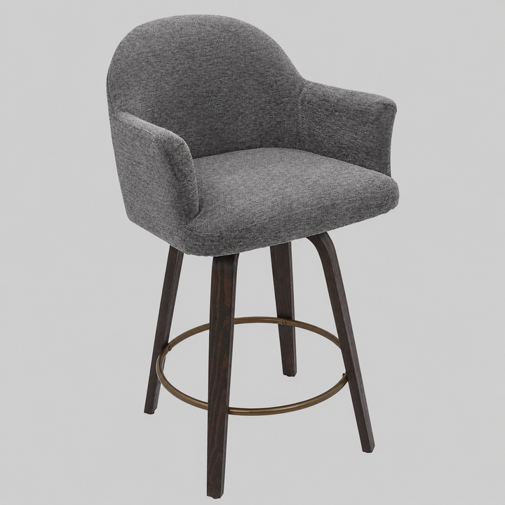 Zephrano Set of 2 26" Counter Height Stools with 360° Swivel Seat, Soft Fabric Upholstery And Dark Walnut Finish