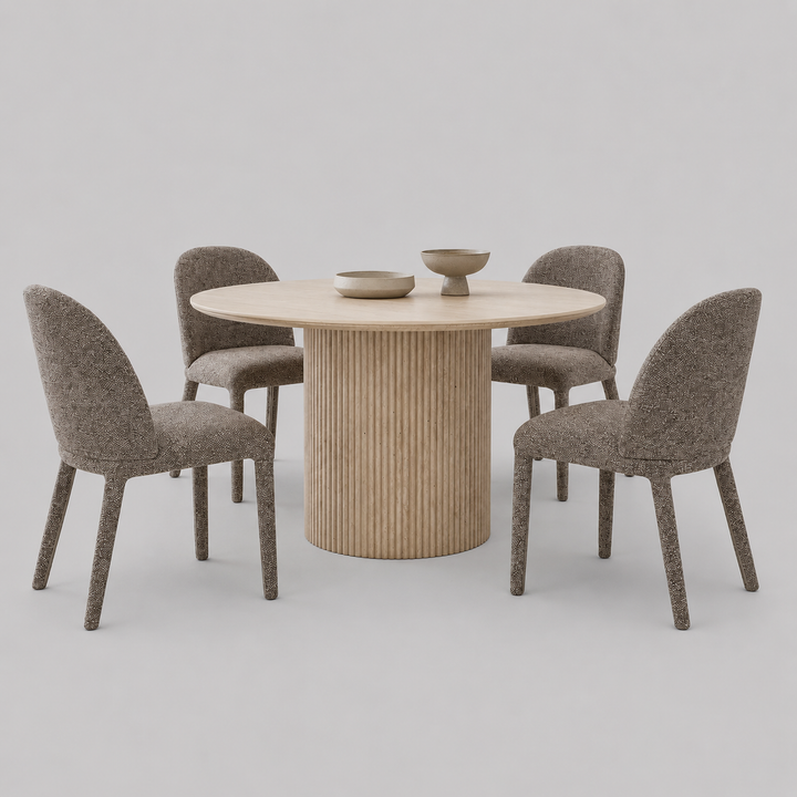 Yorkmere 5-Piece Modern Round Pedestal Dining Table Set with Travertine Sintered Stone Top And Multi-Toned Fabric Chairs
