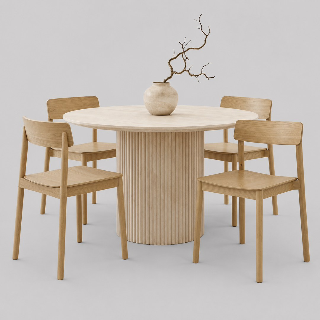 Westmont Modern Round Pedestal Dining Table Set with Travertine Sintered Stone Top And Natural Oak Stackable Chairs