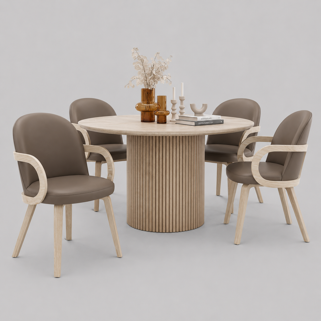 Valeshire 5-Piece Modern Round Pedestal Dining Table Set with Travertine Sintered Stone Top And Dark Taupe Faux Leather Chairs
