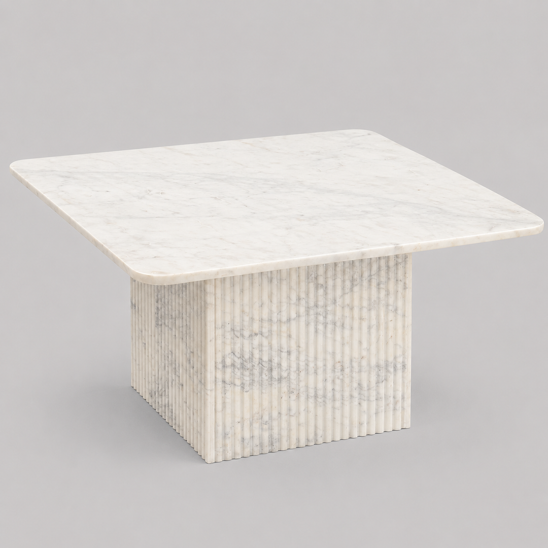 Stonevale Modern Sculpted Marble Coffee Table with Fluted Square Pedestal Base