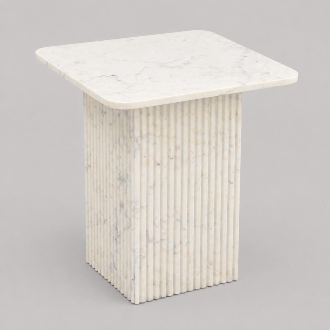 Stonevale Modern Sculpted Marble Accent Table with Fluted Square Pedestal Base