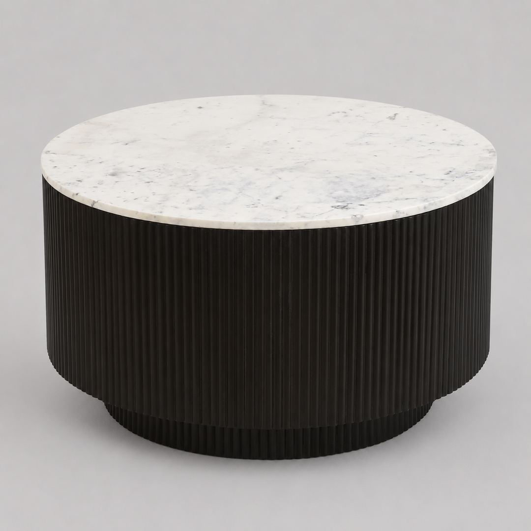 Roskell Mid-Century Modern Round Coffee Table with White Marble Top And Hidden Storage