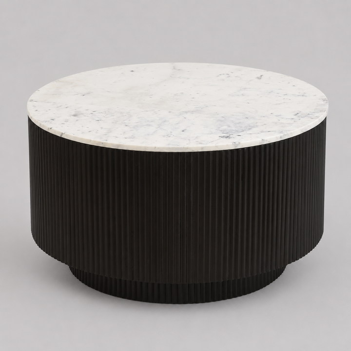 Roskell Mid-Century Modern Round Coffee Table with White Marble Top And Hidden Storage