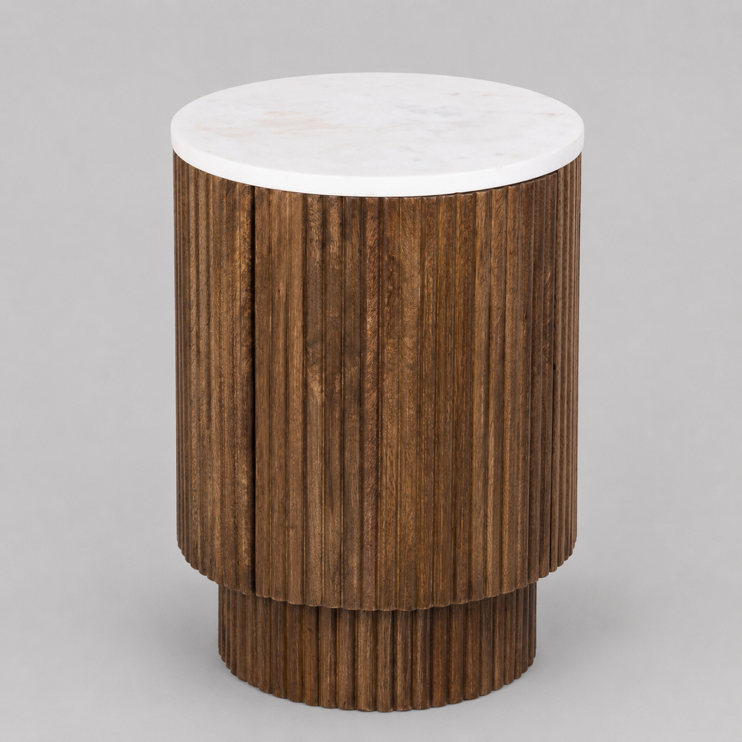 Quentaro Mid-Century Modern Round Accent Table with White Marble Top And Hidden Storage