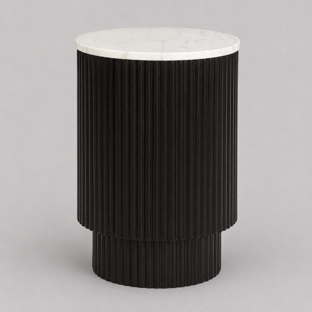 Quentaro Mid-Century Modern Round Accent Table with White Marble Top And Hidden Storage