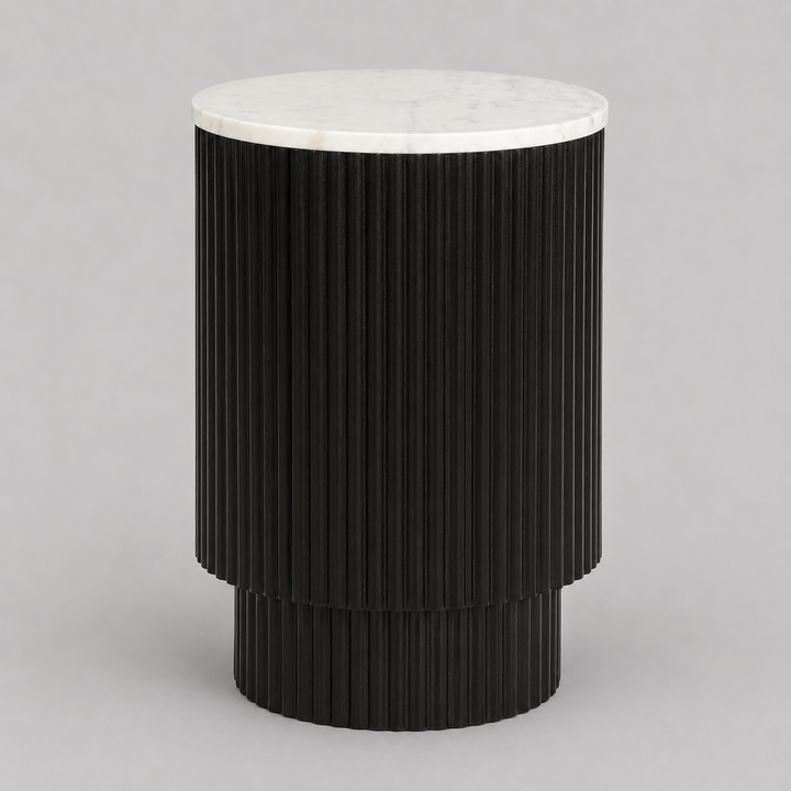 Quentaro Mid-Century Modern Round Accent Table with White Marble Top And Hidden Storage