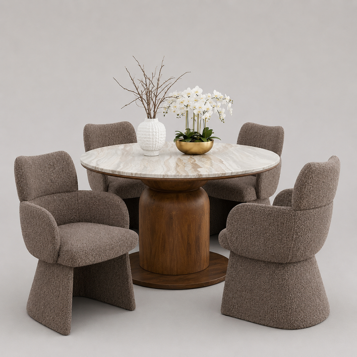 Ostervik 5-Piece Mid-Century Modern Round Dining Table Set with Boucle Upholstered Chairs