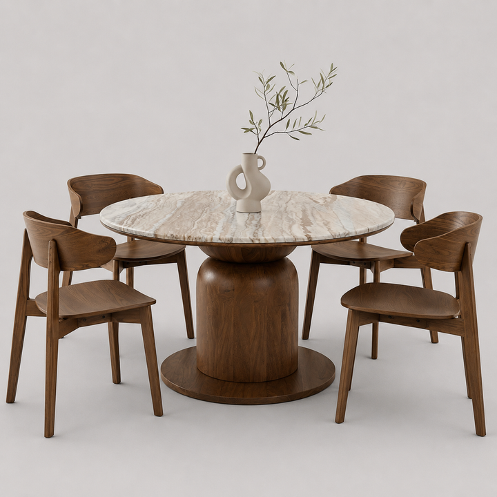 Norestone 5-Piece Mid-Century Modern Round Dining Table Set with Solid Mango Wood Pedestal Base, Fantasy Brown Marble Top & Walnut Finish