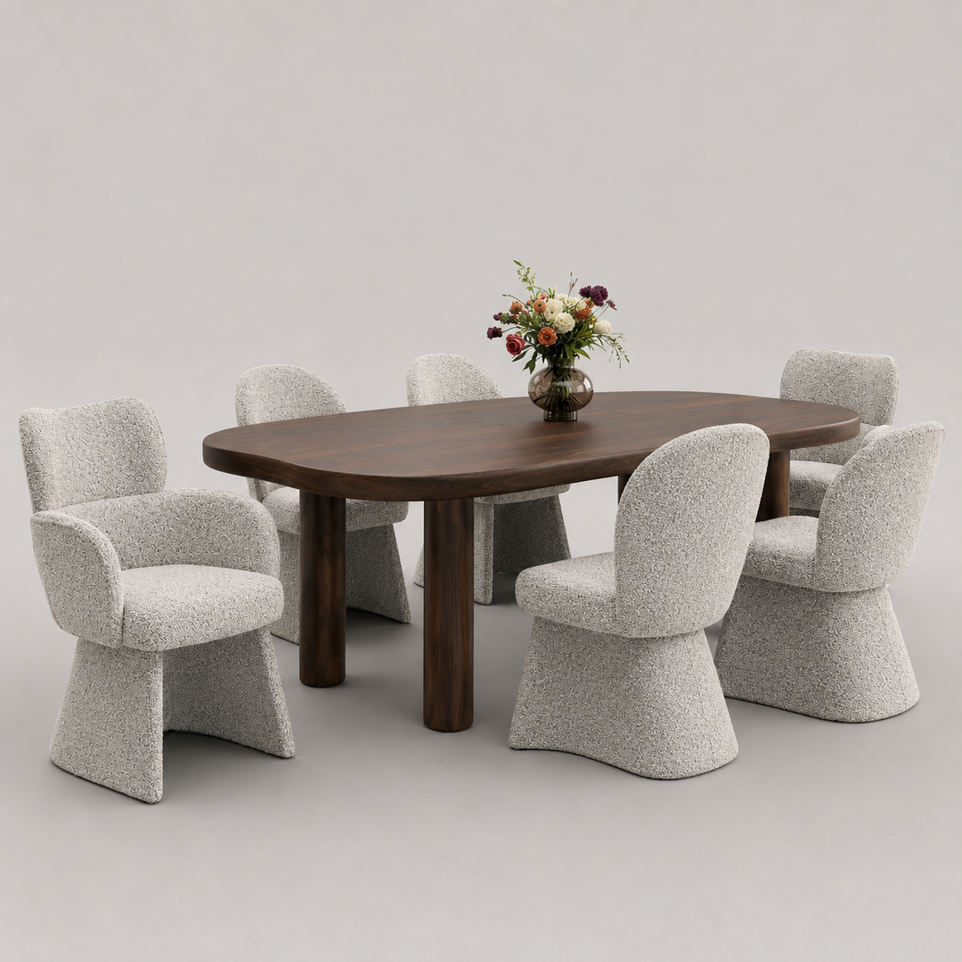 Bellmont 7-Piece Freeform Solid Mango Wood Dining Table Set with Dark Walnut Finish & Multi-Tone Boucle Upholstered Chairs
