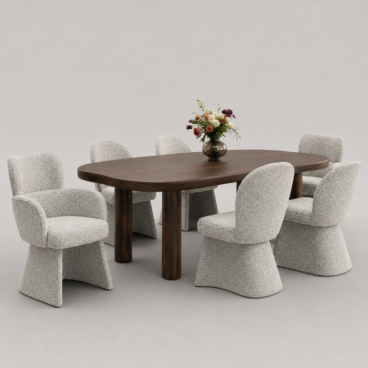 Bellmont 7-Piece Freeform Solid Mango Wood Dining Table Set with Dark Walnut Finish & Multi-Tone Boucle Upholstered Chairs