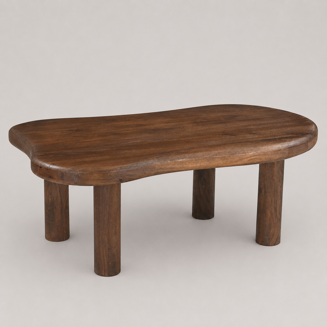 Carvello Freeform Solid Mango Wood Coffee Table with Thick Rounded Top & Dark Walnut Finish