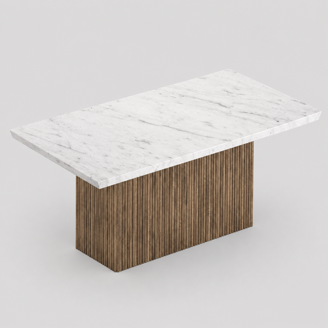 Timberly Contemporary Marble Dining Table with Solid Mango Wood Fluted Base and Premium Crafted Design