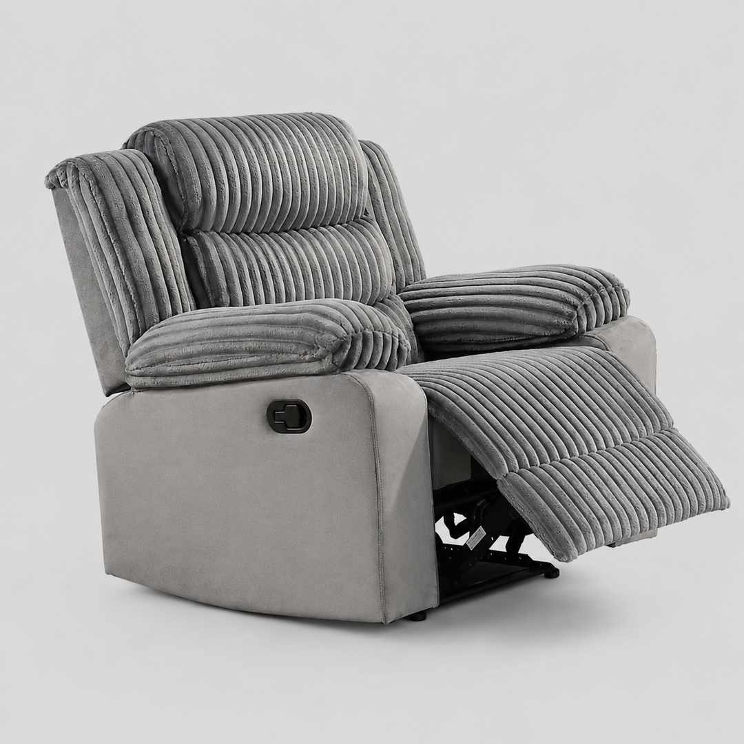 Corsa Recliner – Premium Grey Corduroy Fabric Upholstery with Full Foam Seating, Horizontal Tufted Cushions &amp; Smooth Reclining Mechanism for Modern Living Spaces