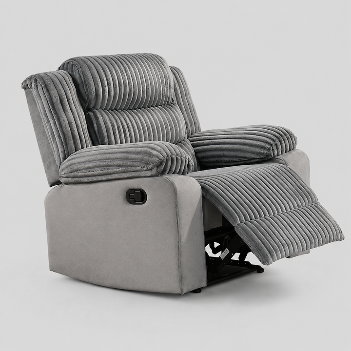 Corsa Recliner – Premium Grey Corduroy Fabric Upholstery with Full Foam Seating, Horizontal Tufted Cushions &amp; Smooth Reclining Mechanism for Modern Living Spaces