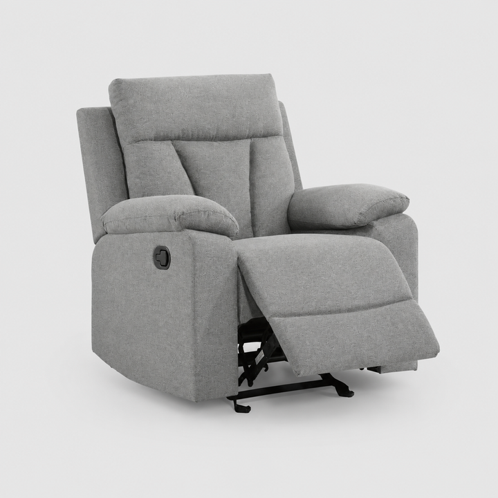 Vento Glider/Recliner – Premium Grey Plush Fabric Upholstery with Full Foam Seating, Pillow Top Armrests & Smooth Rocker Reclining Mechanism for Everyday Comfort