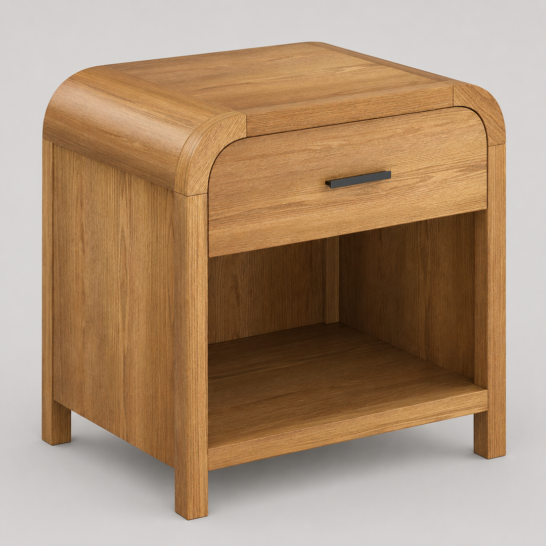 Caldor Night Table – Natural Rubberwood & Oak Veneer with Full-Extension Storage Drawer, Open Shelf & Built-In USB-A, USB-C Charging Station for Modern Bedrooms