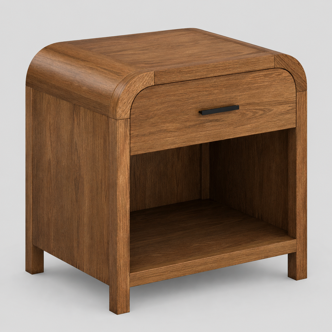 Caldor Night Table – Walnut Rubberwood And Oak Veneer with Full-Extension Storage Drawer, Open Shelf &amp; Built-In USB-A, USB-C Charging Station