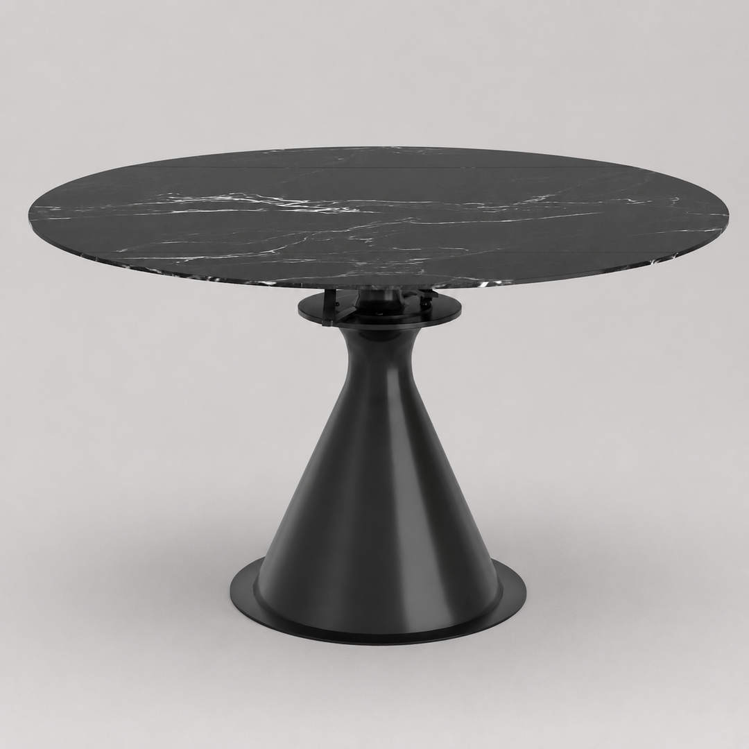 Virelle Extension Dining Table – Premium Black Sintered Stone Top with One-Handed Rotating Extension Mechanism & Black Metal Pedestal Base for Modern Dining Spaces