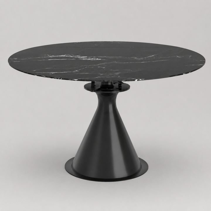 Virelle Extension Dining Table – Premium Black Sintered Stone Top with One-Handed Rotating Extension Mechanism & Black Metal Pedestal Base for Modern Dining Spaces