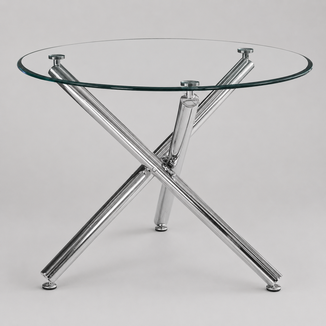 Soreno Dining Table – 10mm Clear Tempered Glass Top with Brushed Stainless Steel Accents And Chrome Metal Crossover Base for Contemporary Dining Spaces