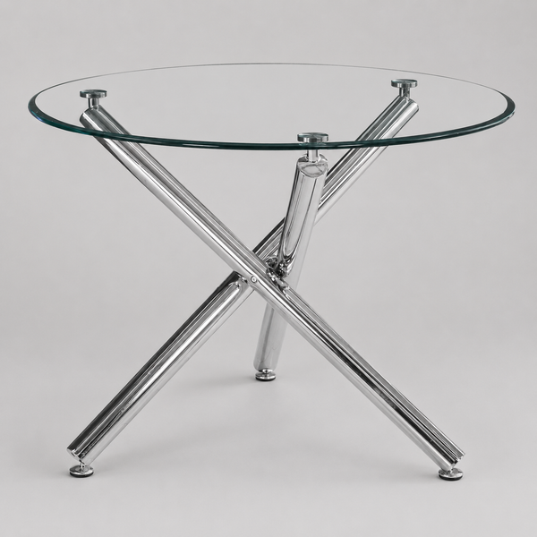 Soreno Dining Table – 10mm Clear Tempered Glass Top with Brushed Stainless Steel Accents And Chrome Metal Crossover Base for Contemporary Dining Spaces
