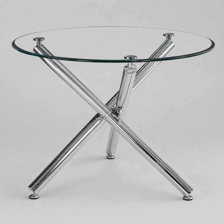Soreno Dining Table – 10mm Clear Tempered Glass Top with Brushed Stainless Steel Accents And Chrome Metal Crossover Base for Contemporary Dining Spaces