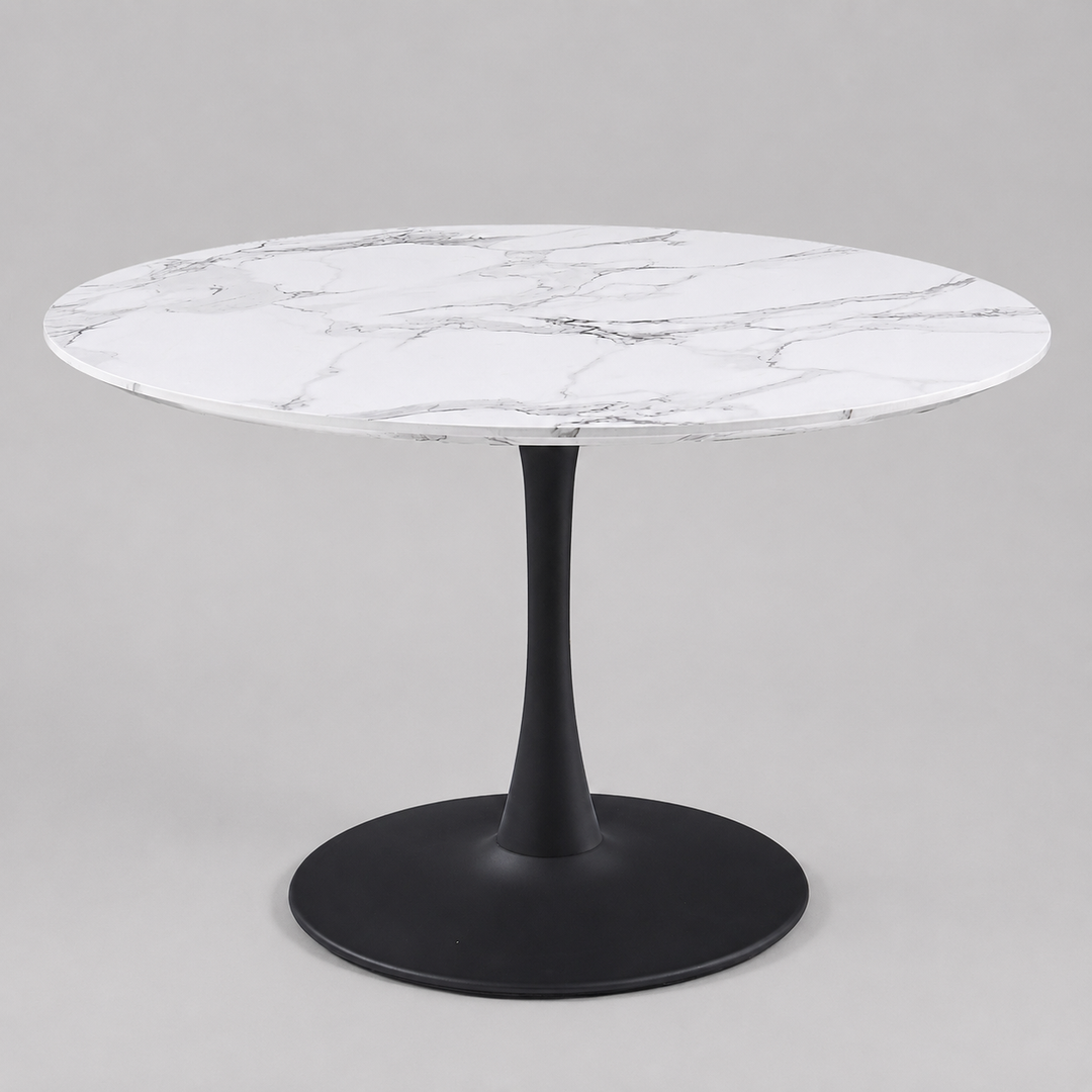 Mireva Round Dining Table – Premium Faux Marble Top with Matte Black Metal Pedestal Base for Modern Homes
