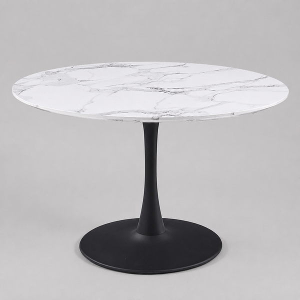 Mireva Round Dining Table – Premium Faux Marble Top with Matte Black Metal Pedestal Base for Modern Homes