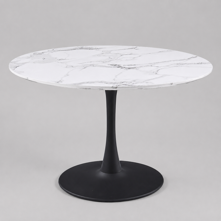 Mireva Round Dining Table – Premium Faux Marble Top with Matte Black Metal Pedestal Base for Modern Homes