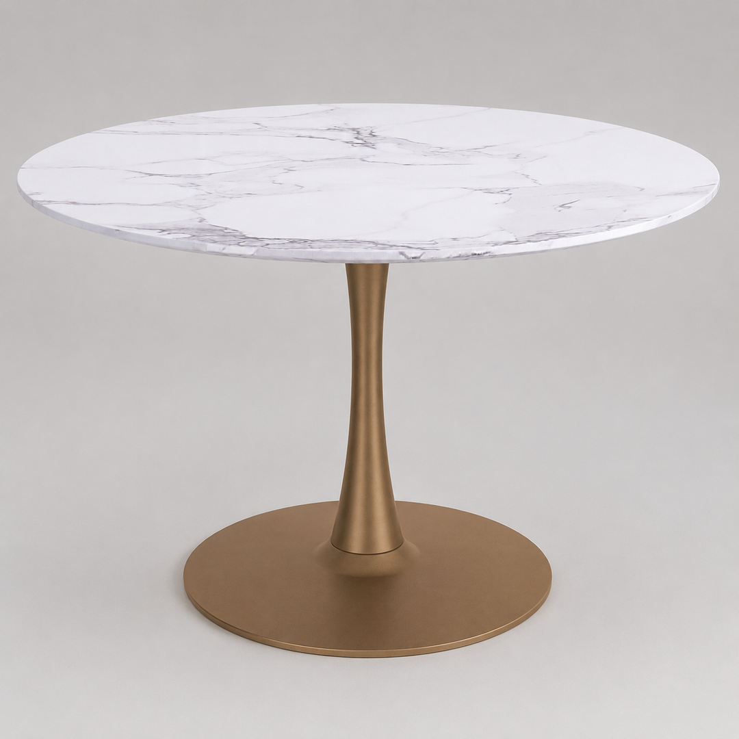 Mireva Dining Table – Premium Faux Marble Laminated Veneer Tabletop with Engineered Wood Construction, Reverse Bevel Edge And Matte Aged Gold Metal Pedestal Base for Contemporary Dining Spaces