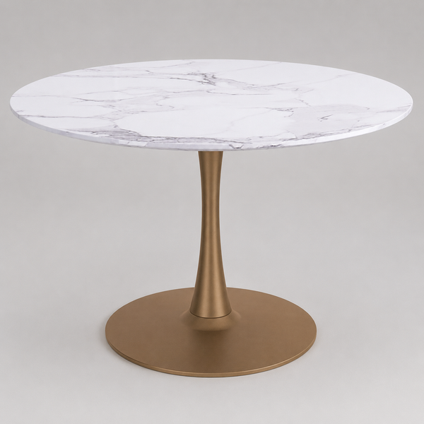 Mireva Dining Table – Premium Faux Marble Laminated Veneer Tabletop with Engineered Wood Construction, Reverse Bevel Edge And Matte Aged Gold Metal Pedestal Base for Contemporary Dining Spaces