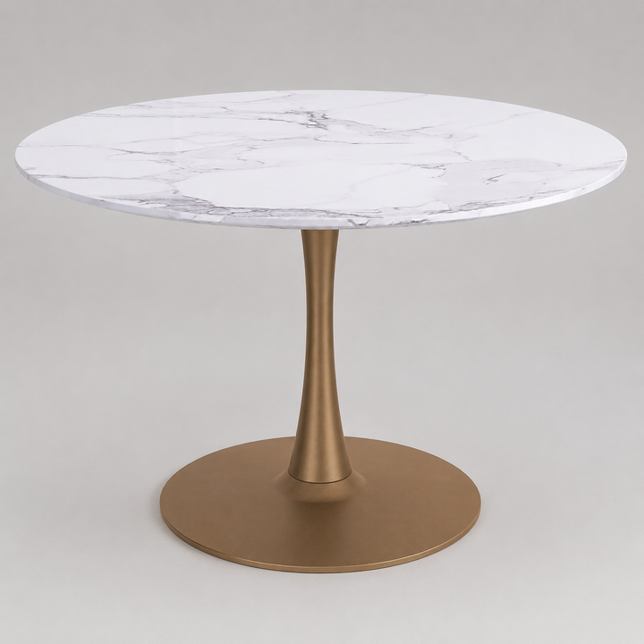 Mireva Dining Table – Premium Faux Marble Laminated Veneer Tabletop with Engineered Wood Construction, Reverse Bevel Edge And Matte Aged Gold Metal Pedestal Base for Contemporary Dining Spaces