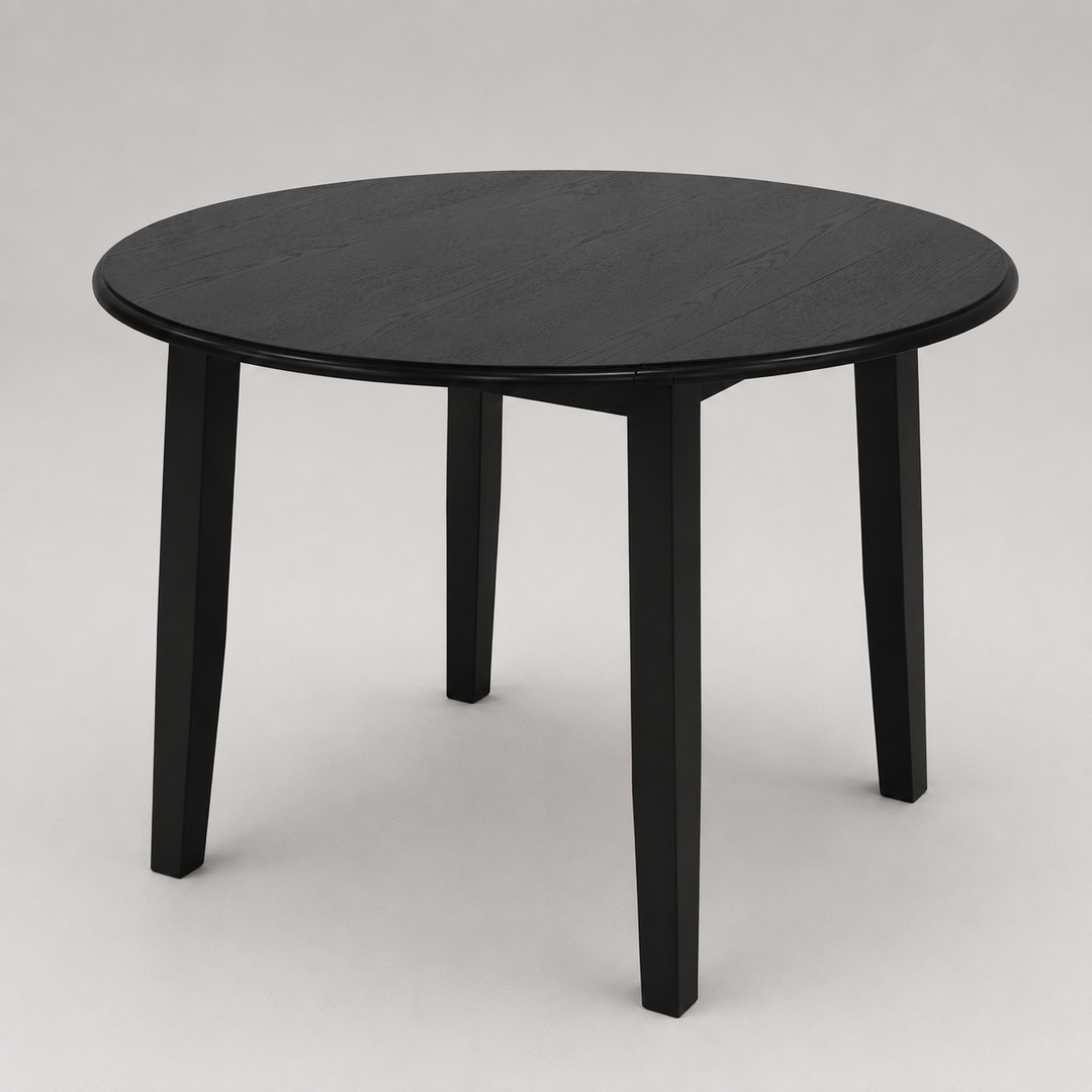 Rovina Modern Round Dining Table – Drop-Leaf Design with Black Wood Grain Finish