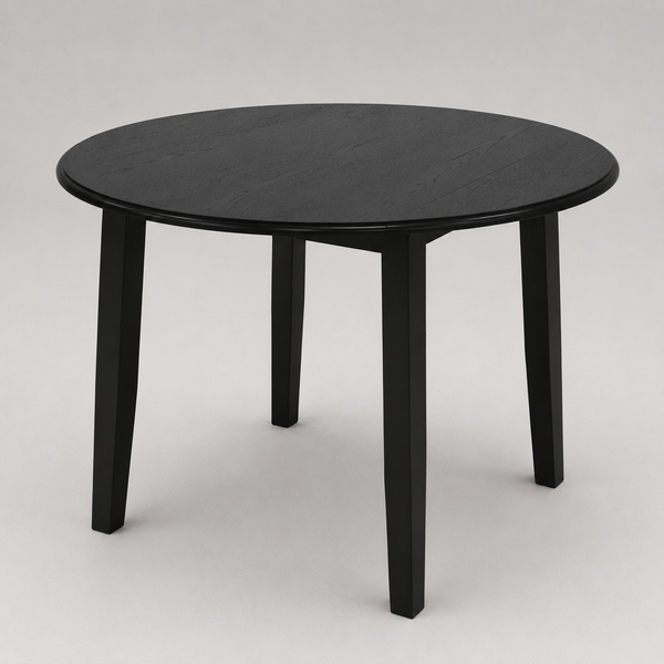 Rovina Modern Round Dining Table – Drop-Leaf Design with Black Wood Grain Finish